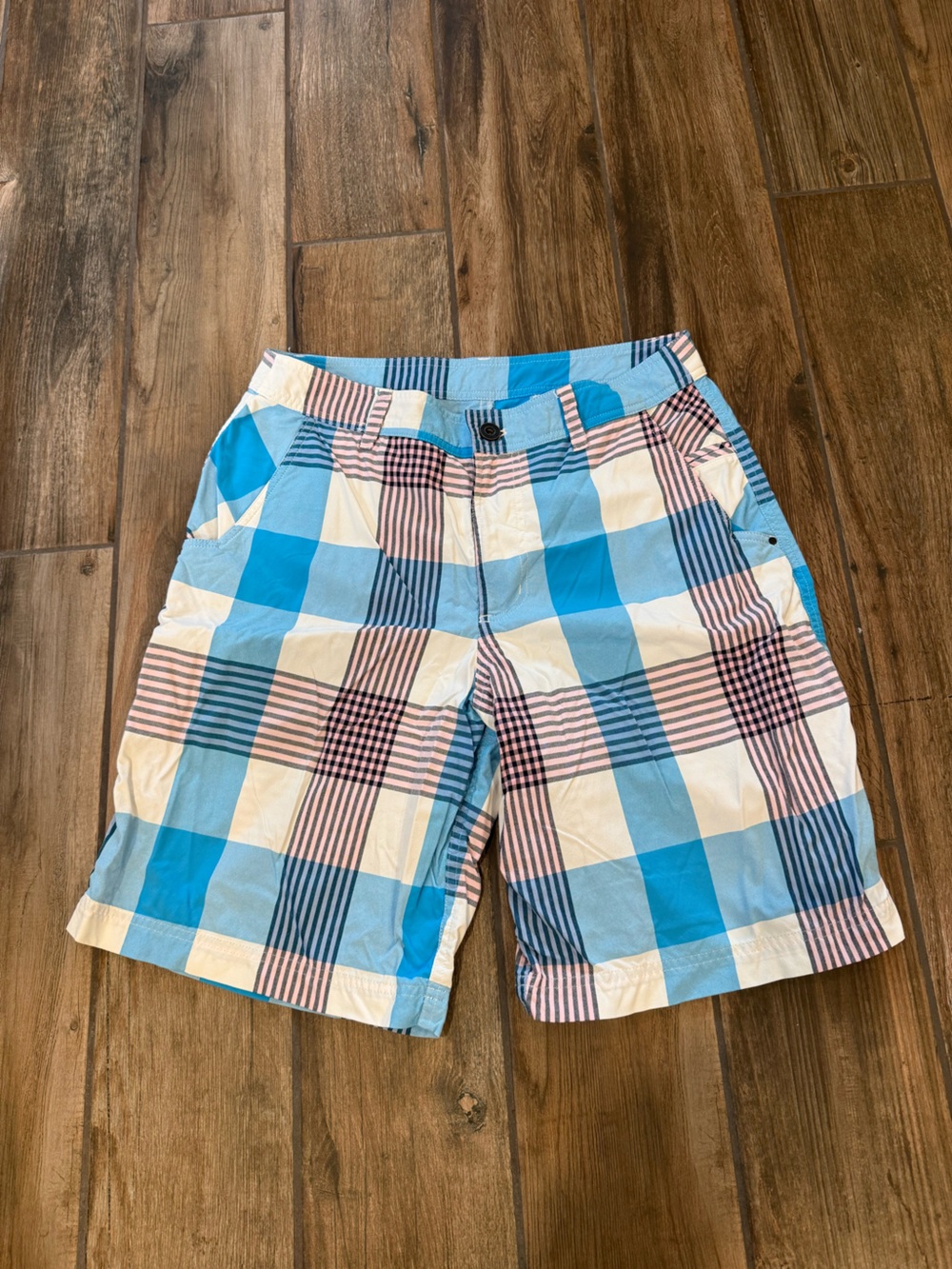 lululemon athletica Blue, White and Pink Plaid Flat Front Shorts